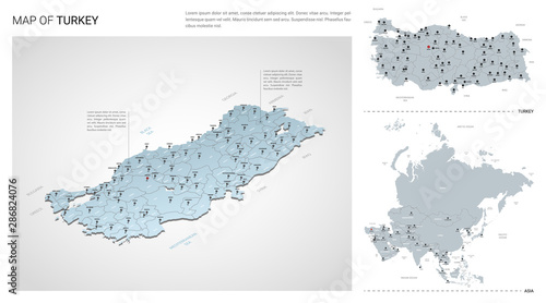Vector set of Turkey country.  Isometric 3d map, Turkey map, Asia map - with region, state names and city names.