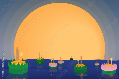 Thai traditional floating flowers loy kratong thailand festival full super moon background night and temple scene celebration culture with copy space eps10 vector illustration