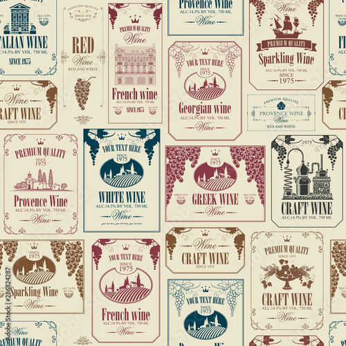 Vector seamless pattern on the theme of wine with various wine labels with images of grapes, landscapes, winery, castles, sailboats, fruits and other in retro style on the beige background