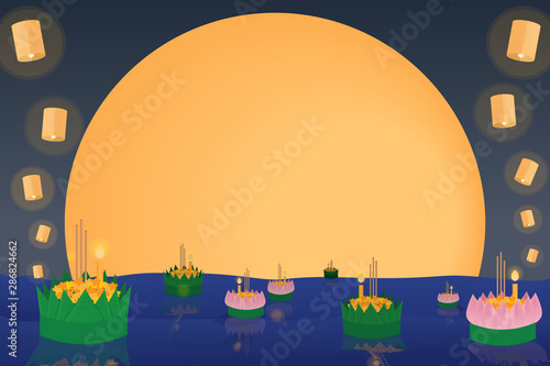 Thai traditional floating flowers loy kratong thailand festival full super moon background night and temple scene celebration culture with copy space eps10 vector illustration