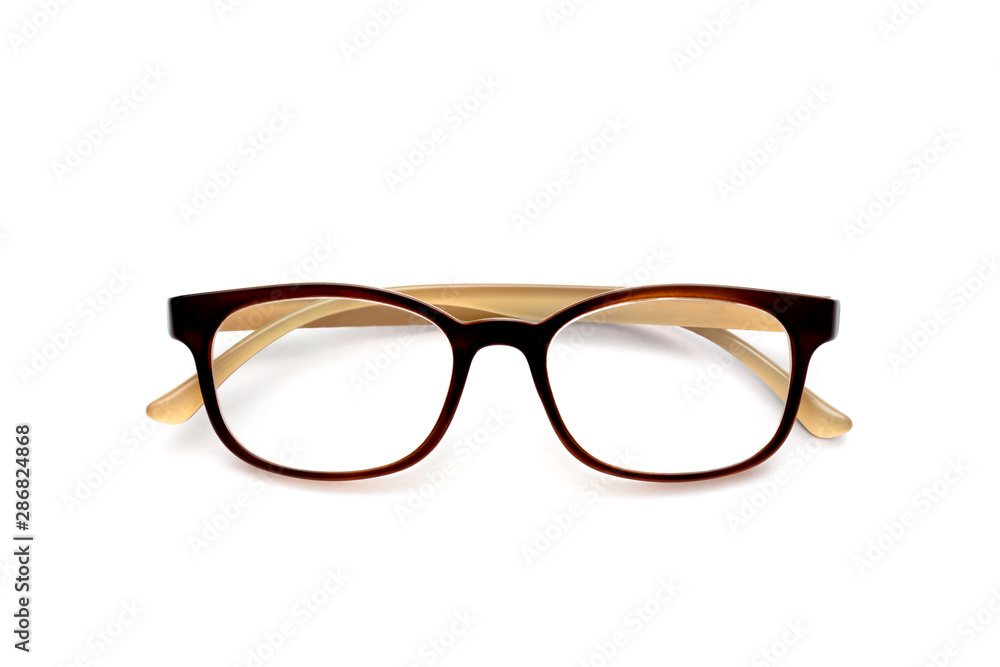 Front view of reading glasses with Brown frames on white background Front view of reading glasses with Brown frames on white background