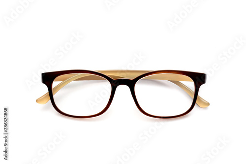 Front view of reading glasses with Brown frames on white background