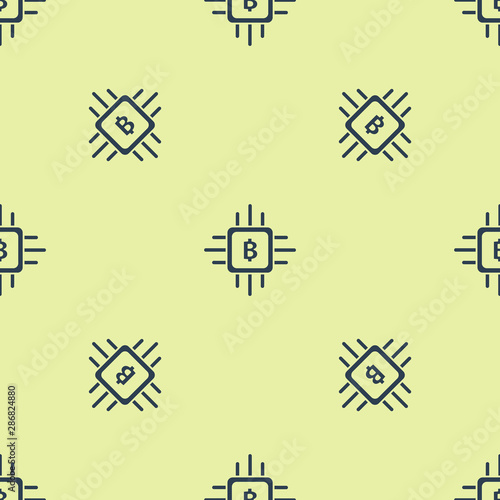 Blue CPU mining farm icon icon isolated seamless pattern on yellow background. Bitcoin sign inside processor. Cryptocurrency mining community. Digital money. Vector Illustration