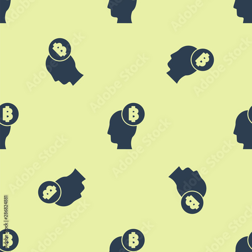 Blue Bitcoin think icon icon isolated seamless pattern on yellow background. Cryptocurrency head. Blockchain technology, digital money market, cryptocoin wallet. Vector Illustration
