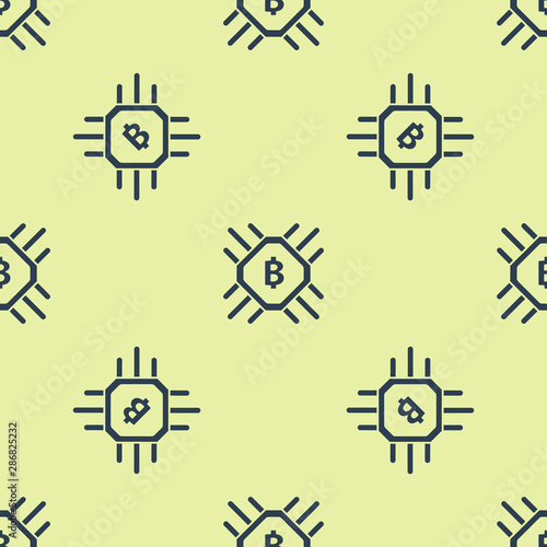 Blue CPU mining farm icon icon isolated seamless pattern on yellow background. Bitcoin sign inside processor. Cryptocurrency mining community. Digital money. Vector Illustration