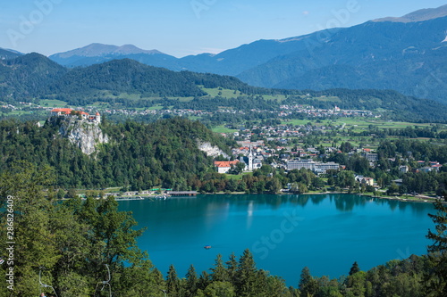 Beautiful view of Lake Bled and the city from Straza Mountain.