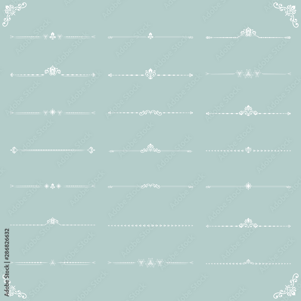 Vintage set of vector decorative elements. Horizontal white separators in the frame. Collection of different ornaments. Classic patterns. Set of vintage patterns