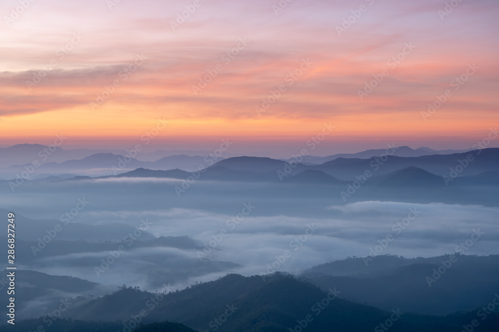  Landscape of  Sunrise and sea of clouds over mountains layer District Mae Hong Son, THAILAND.