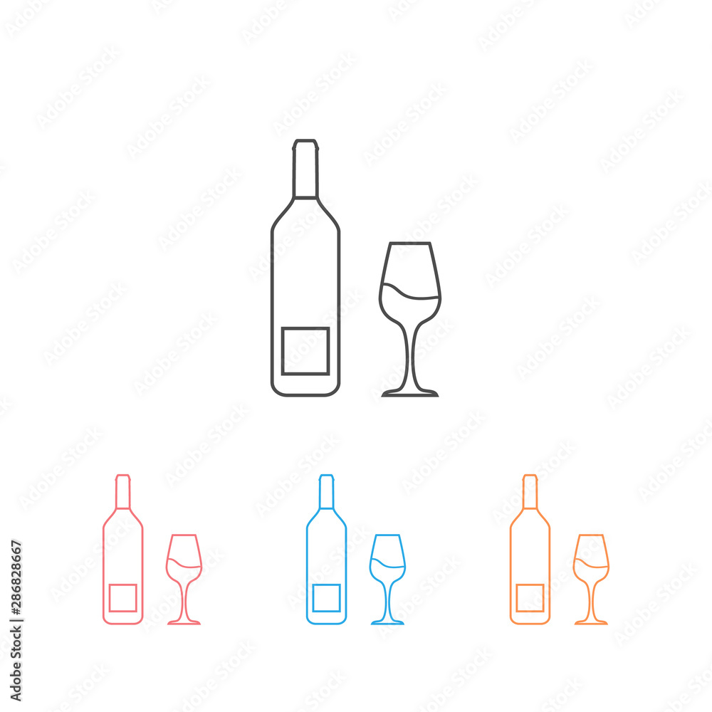 Wine bottle with wine glass outline icon set. Minimal line design. Vector Wine bottle with wine glass outline icon set. Minimal line design. Vector
