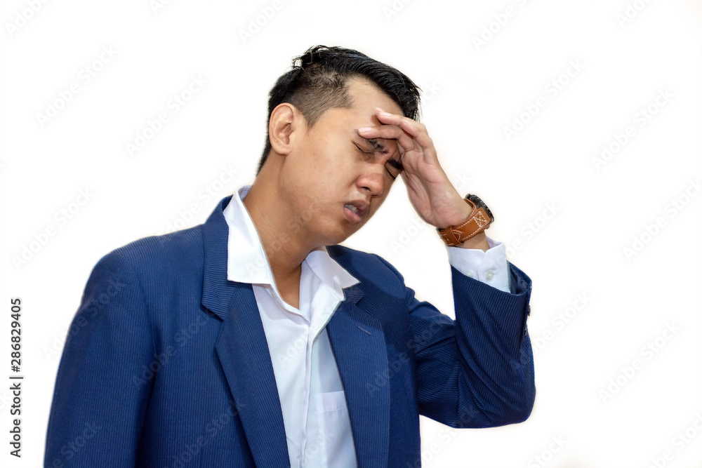 Close up head shot of young asian businessman having headache migraine Close up head shot of young asian businessman having headache migraine