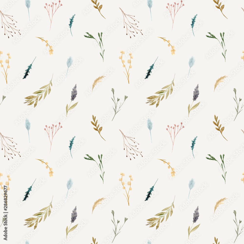 Naklejka premium Seamless pattern of watercolor dried flowers, isolated on white background.