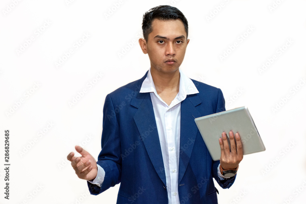 Portrait of a young asian businessman holding tablet computer with open arm Portrait of a young asian businessman holding tablet computer with open arm