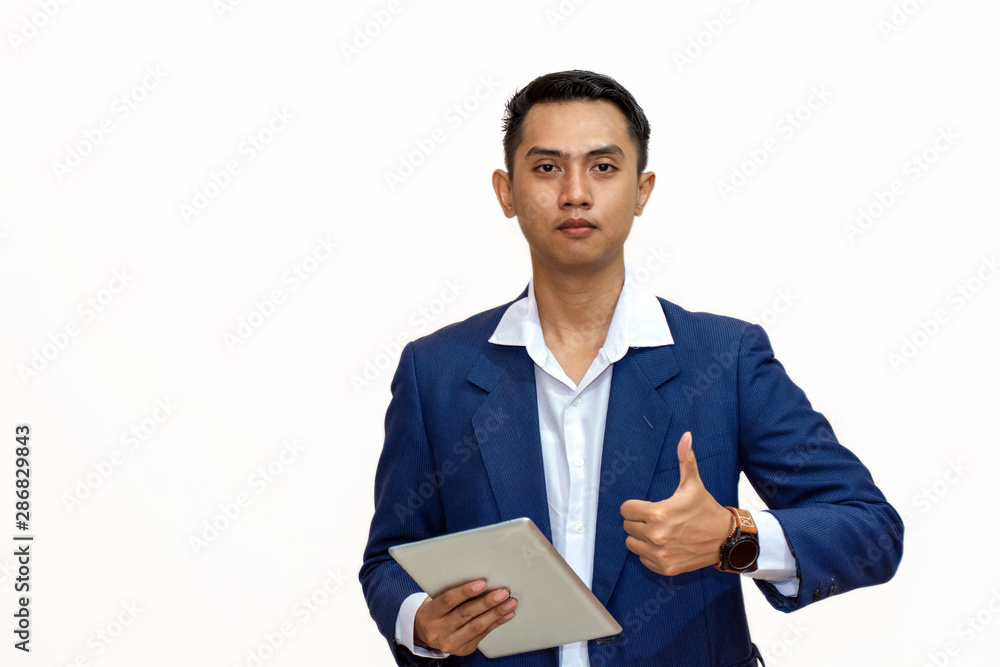 business, people, gesture and technology concept - smiling Asian businessman with tablet pc computer showing thumbs up business, people, gesture and technology concept - smiling Asian businessman with tablet pc computer showing thumbs up