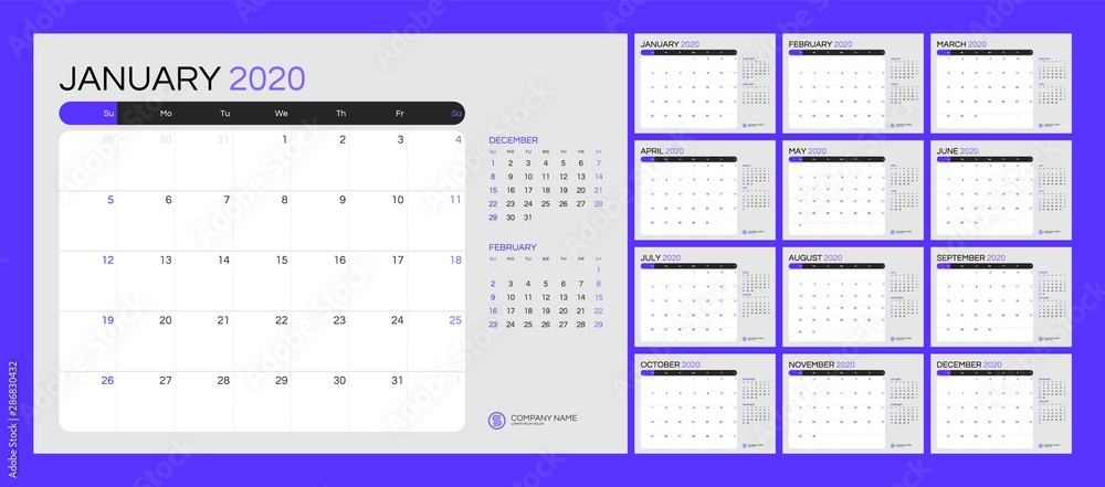 Wall calendar for 2020 year in clean minimal style. Week Starts on Sunday. Set of 12 Months. Wall calendar for 2020 year in clean minimal style. Week Starts on Sunday. Set of 12 Months.