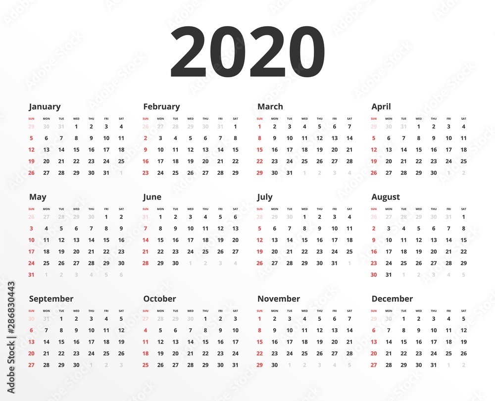 Calendar for 2020 new year in clean minimal table simple style. Week Starts on Sunday. Calendar for 2020 new year in clean minimal table simple style. Week Starts on Sunday.