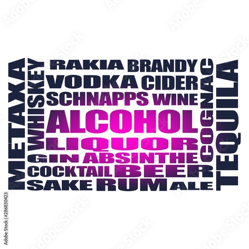 Different drinks list. Drink alcohol beverage. Relative words cloud