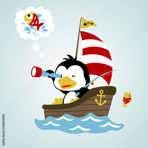 cute penguin fishing on sailboat, vector cartoon illustration