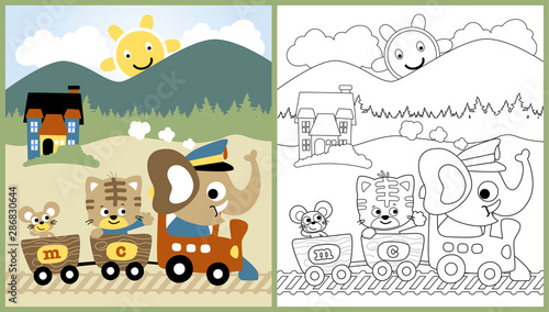 vector cartoon of cute animals traveling with locomotive on landscape background, coloring page or book