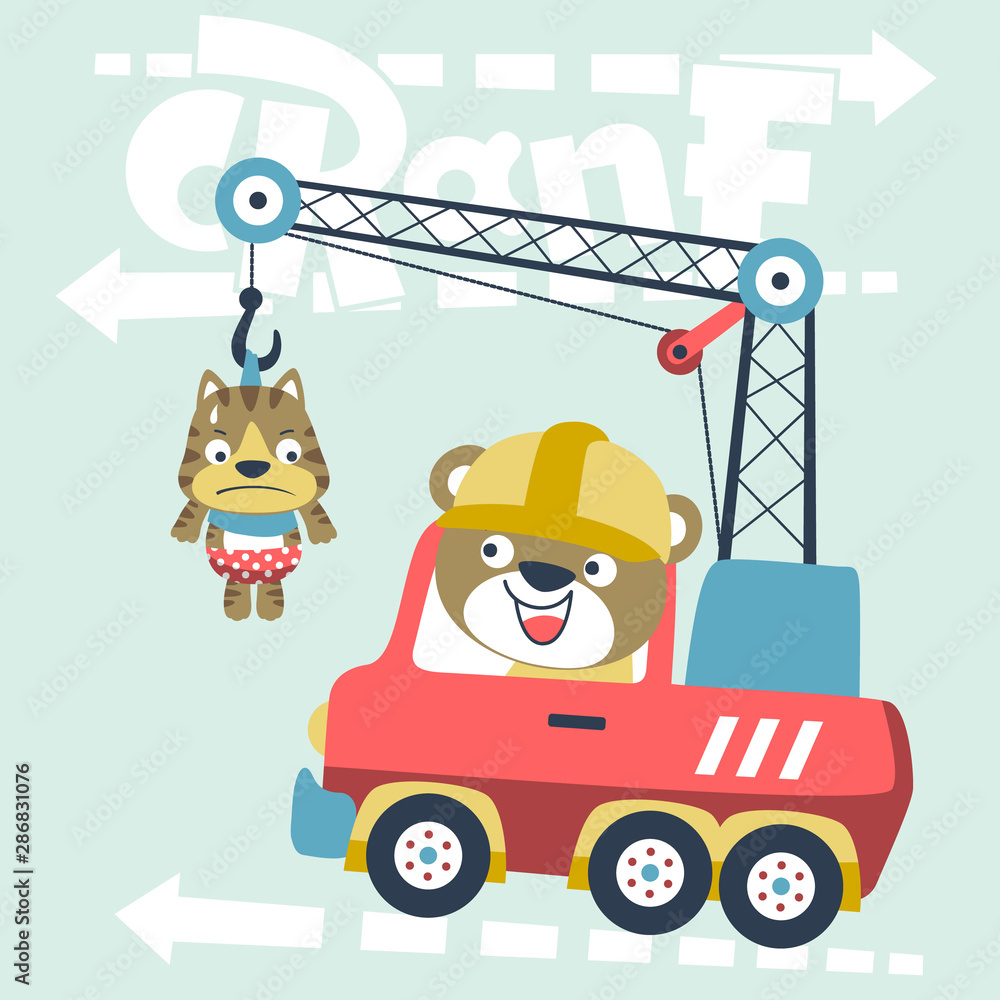 vector cartoon illustration of cute animals on crane truck