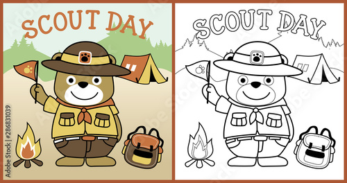 vector cartoon of scout day with cute scout, coloring book or page