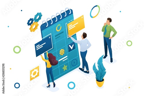 Young team of entrepreneurs is working on the creation of a business plan. Creating a business plan. 3d isometric Concept for web design