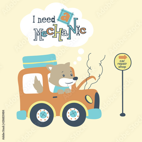 cute animal on car broke down, vector cartoon illustration
