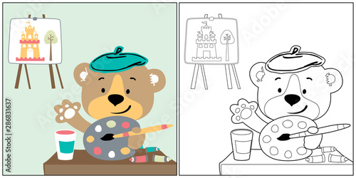 vector cartoon of funny bear the painter, coloring book or page