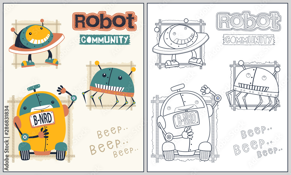 set of funny robots, vector cartoon illustration, coloring book or page