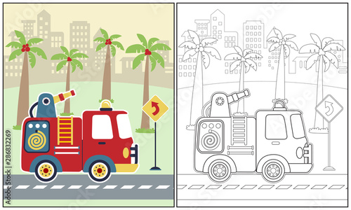 vector cartoon illustration of fire truck with palm tree on building background, coloring book or page