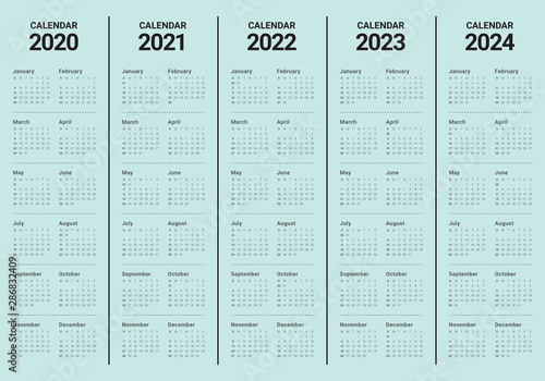 Year 2020 2021 2022 2023 2024 calendar vector design template