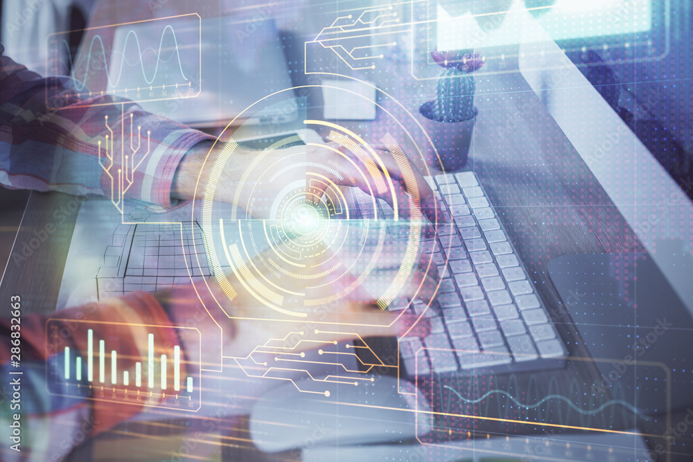 Businessman with computer background with technology theme hologram. Concept of big data. Double exposure. Businessman with computer background with technology theme hologram. Concept of big data. Double exposure.