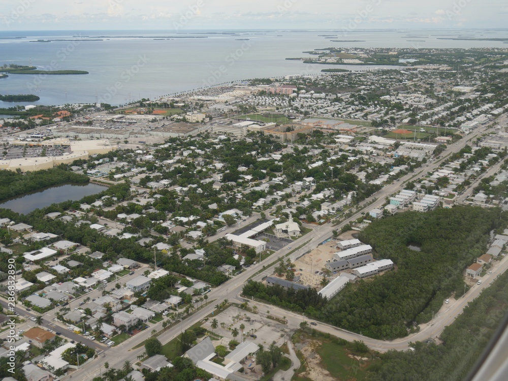 Scenic aerial view of the Key West in Florida, seen from an airport window.