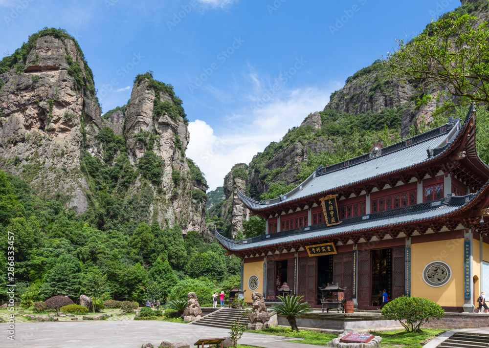 Landscape at the Lingyan Area of Mount Yandang with a buddhist temple in Yueqing, Zhejiang, China.