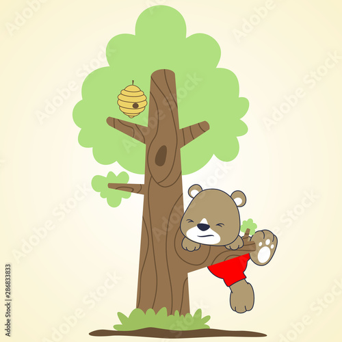 little bear try to climb a tree, vector cartoon illustration Stock Vector