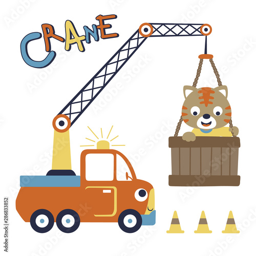 crane truck with little cat, vector cartoon illustration