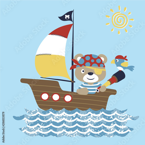 Bear sailor with little bird on sailboat , vector cartoon illustration