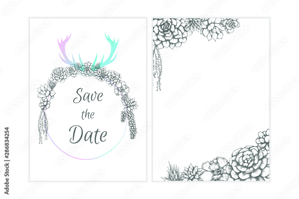 Floral vector invitation, hand drawn succulents and antlers bohemian style design, holographic colored elements. Floral vector invitation, hand drawn succulents and antlers bohemian style design, holographic colored elements.