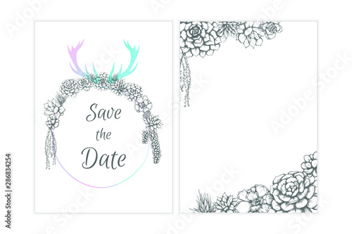 Floral vector invitation, hand drawn succulents and antlers bohemian style design, holographic colored elements.