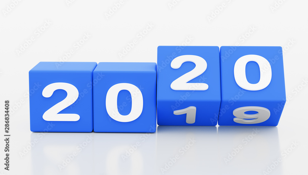 2020 New year change, turn. 2020 start 2019 end, dice isolated against white background. 3d illustration 2020 New year change, turn. 2020 start 2019 end, dice isolated against white background. 3d illustration