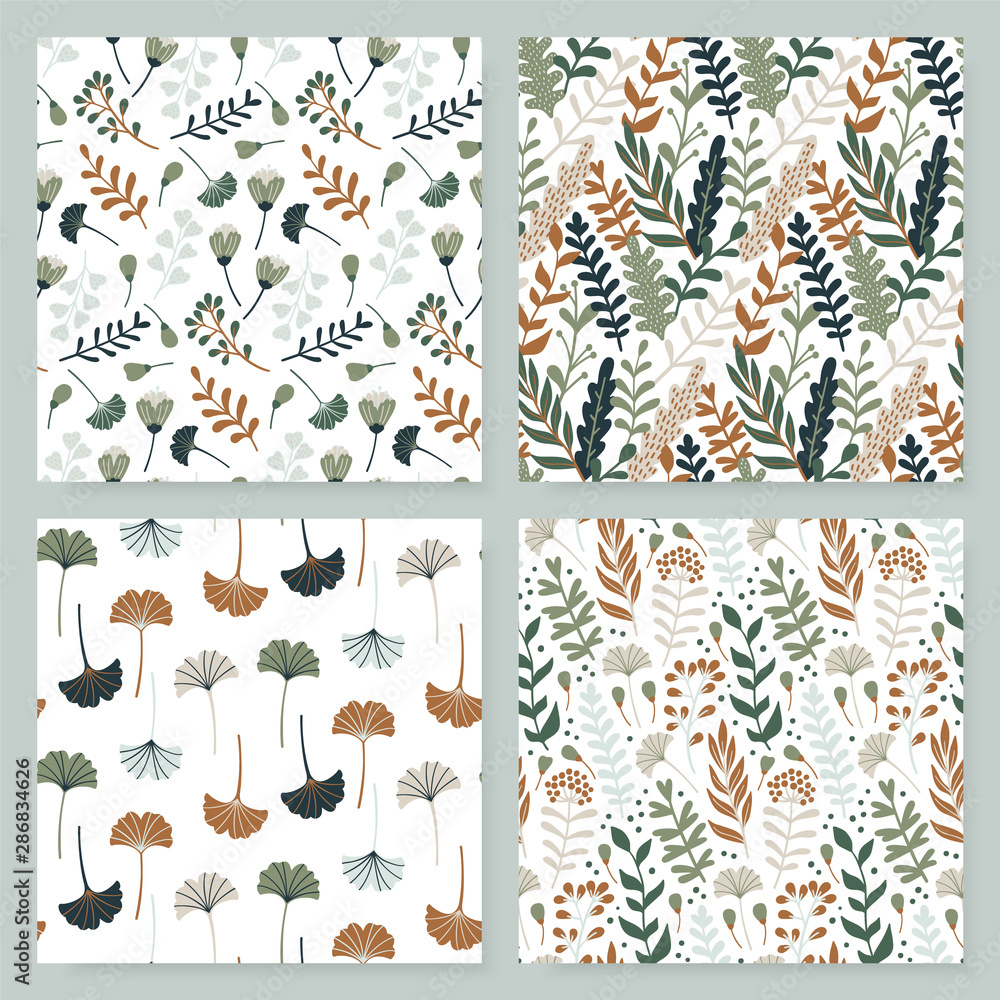 Modern seamless pattern with leaves, flowers and floral elements. Fall pattern collection. Autumn floral vector wallpaper.