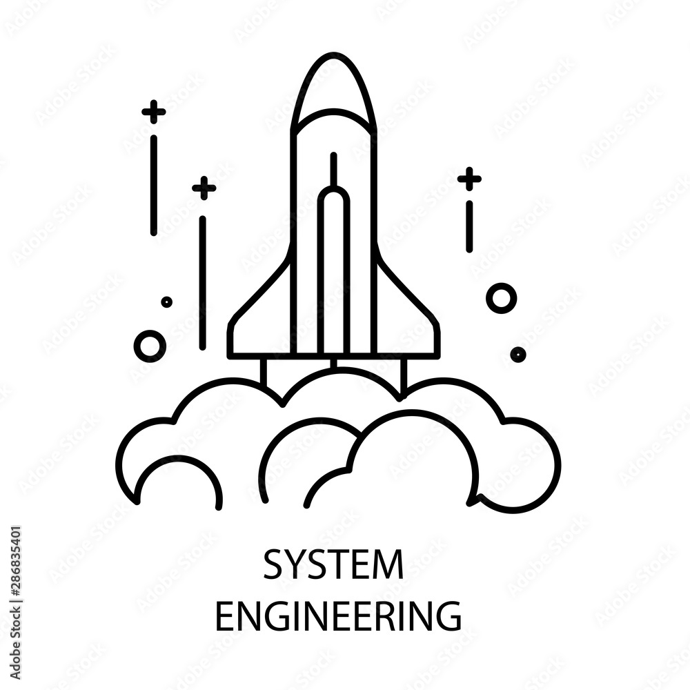 System engineering and rocket launch isolated outline icon