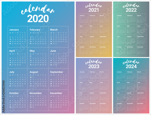 Year 2020 2021 2022 2023 2024 calendar vector design template