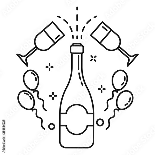 Party celebration, champagne in glass and bottle with balloons isolated linear icon