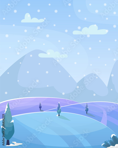 Flat winter vector cartoon landscape. Fields with trees and mountains in the background.