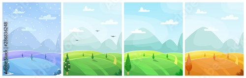 Set of seasonal flat vector cartoon landscape. Fields with trees and mountains in the background.