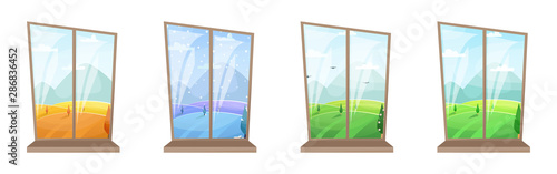 Set of 4 windows with different seasons. Cozy interiors. Summer, autumn, winter, spring.