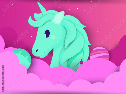 Unicorn in paper art style vector illustration a lovely dream greeting card with a hand drawn unicorn among stars.