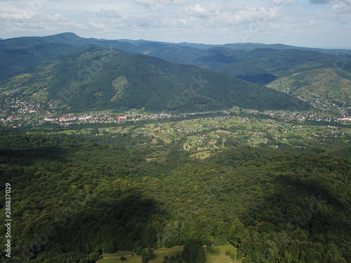 Fototapeta Naklejka Na Ścianę i Meble -  Aero lanscape in beautiful ukrainian mountain city Yaremche