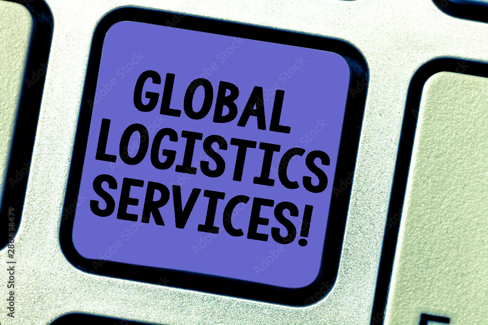 Text sign showing Global Logistics Services. Conceptual photo Connects critical components of the supply chain Keyboard key Intention to create computer message pressing keypad idea Text sign showing Global Logistics Services. Conceptual photo Connects critical components of the supply chain Keyboard key Intention to create computer message pressing keypad idea