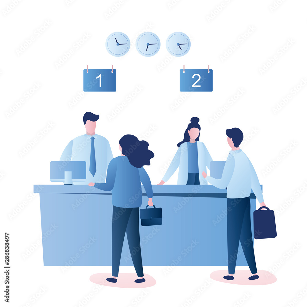 Male and female clients standing and talking to managers of bank or credit department. Male and female clients standing and talking to managers of bank or credit department.
